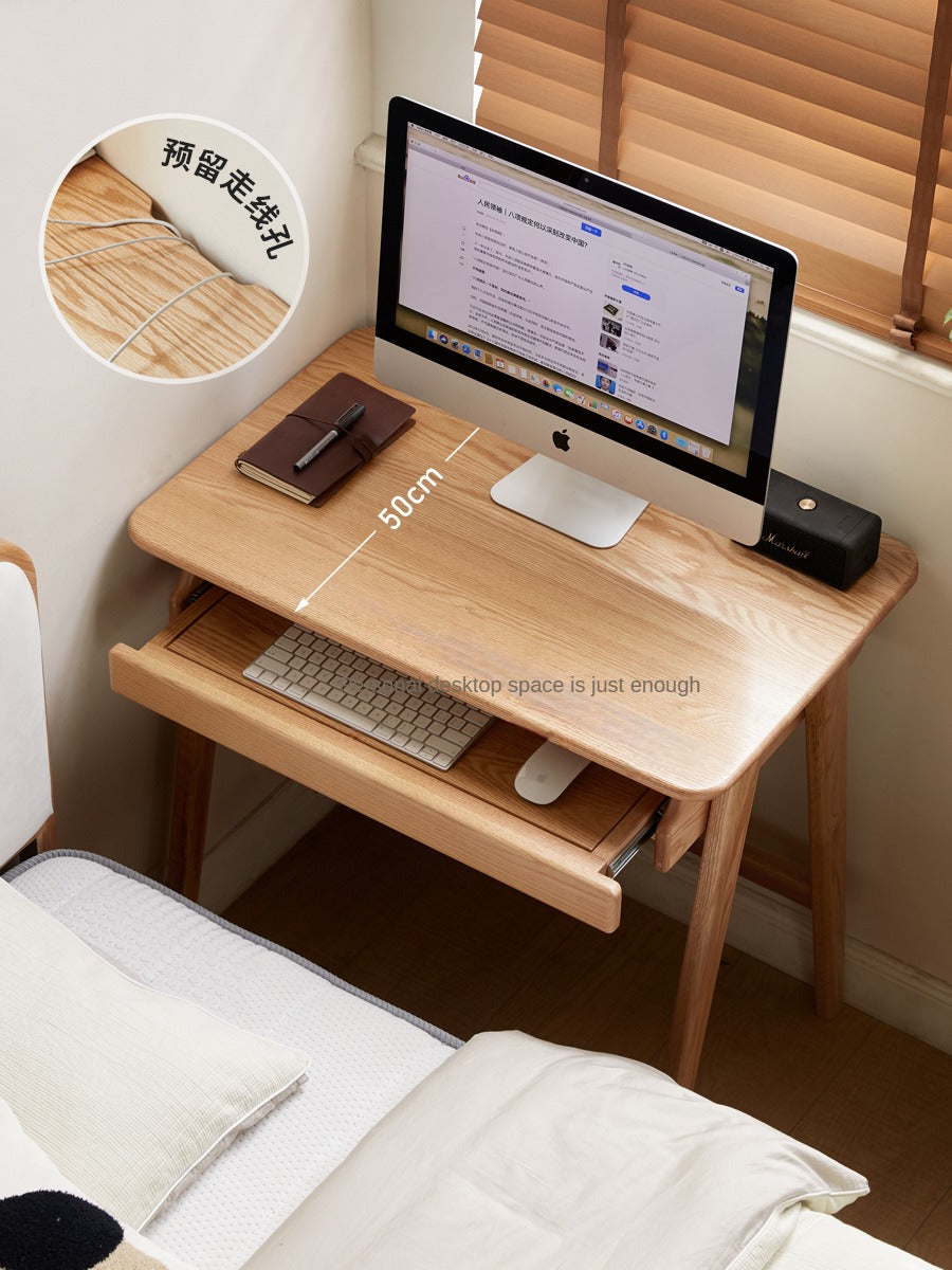 Oak, Solid Rubberwood Narrow Study Desk with Drawers