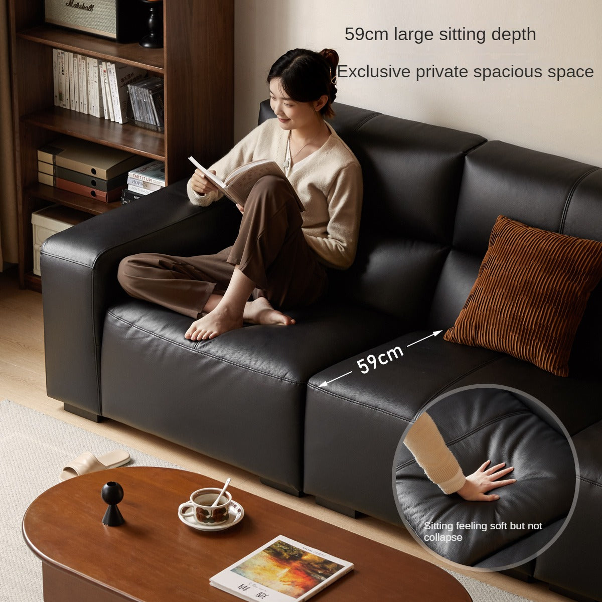 Leather Sofa First Layer Yellow Cowhide Tofu Block Leather Sofa.