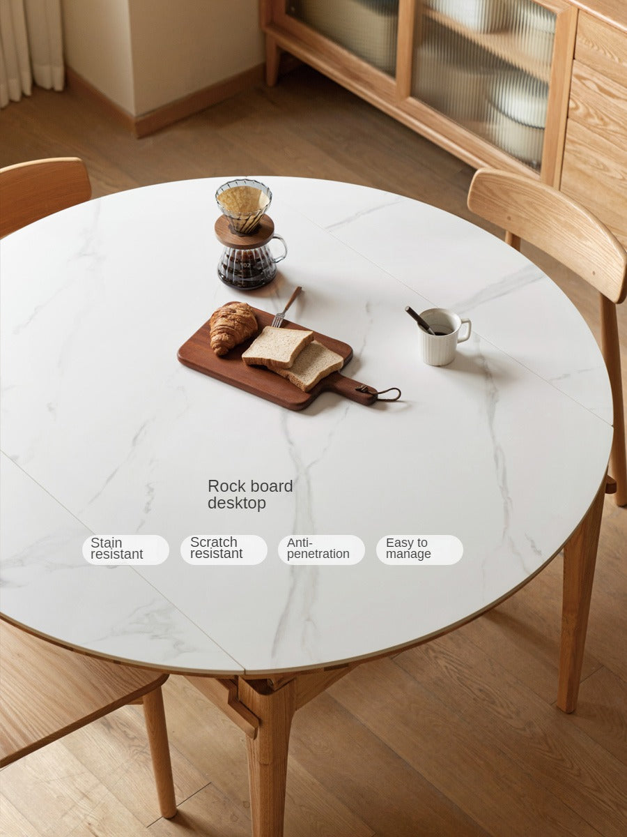 Oak Solid Wood Round Folding Dining Table With Rock Slab Surface
