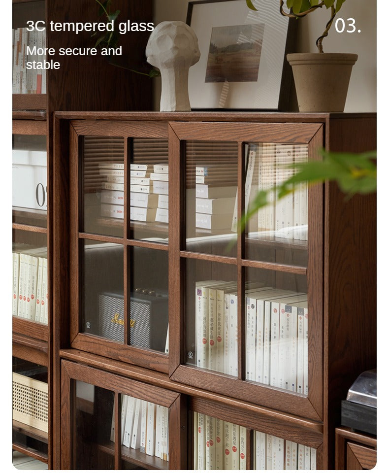 Black Walnut, Oak Solid Wood Sliding Door Bookcase