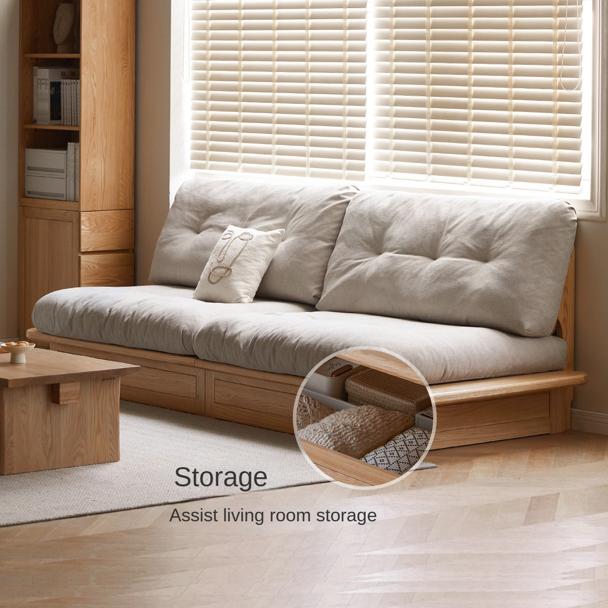 Oak Solid Wood dual-use Fabric Storage Sofa.