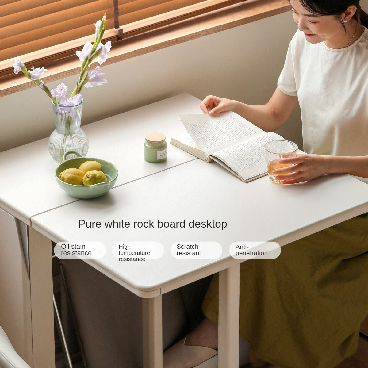 Poplar Solid Wood Cream Wind Rock Slab Folding Dining Table