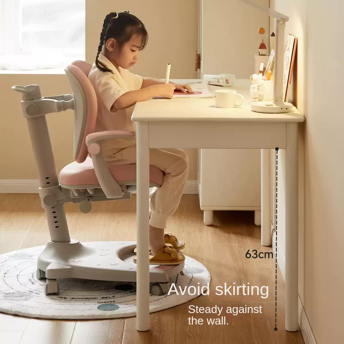Rubber Solid Wood Cream Style Children's Writing Desk.