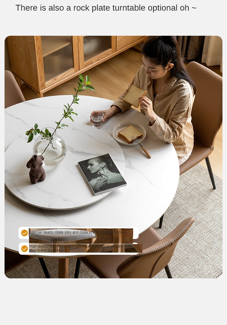 Oak Solid Wood Round Nordic Dining Table With Rock Slab Surface