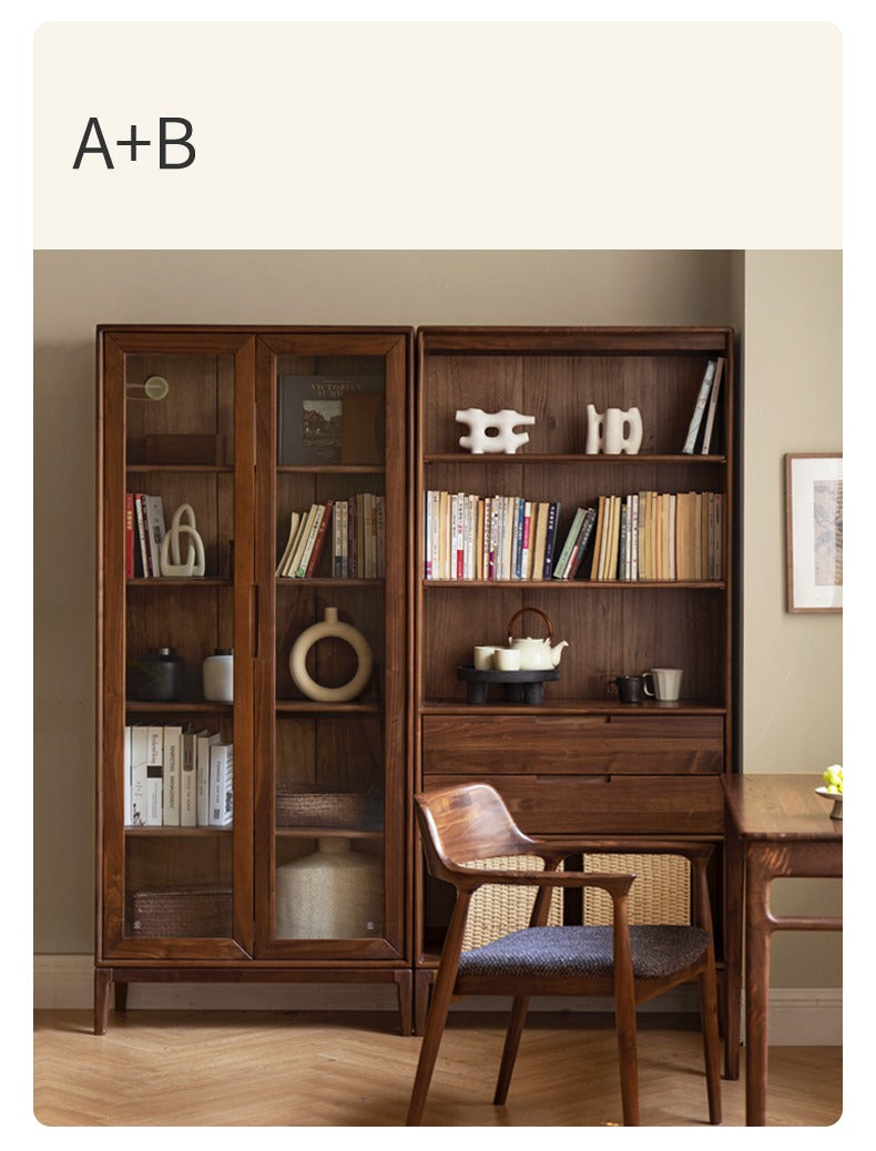 Black Walnut, Ash Solid Wood Combination Dust-Proof Glass Door Bookshelf