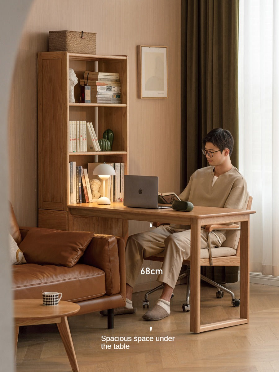 Oak Solid Wood Desk with Bookshelf and Drawer