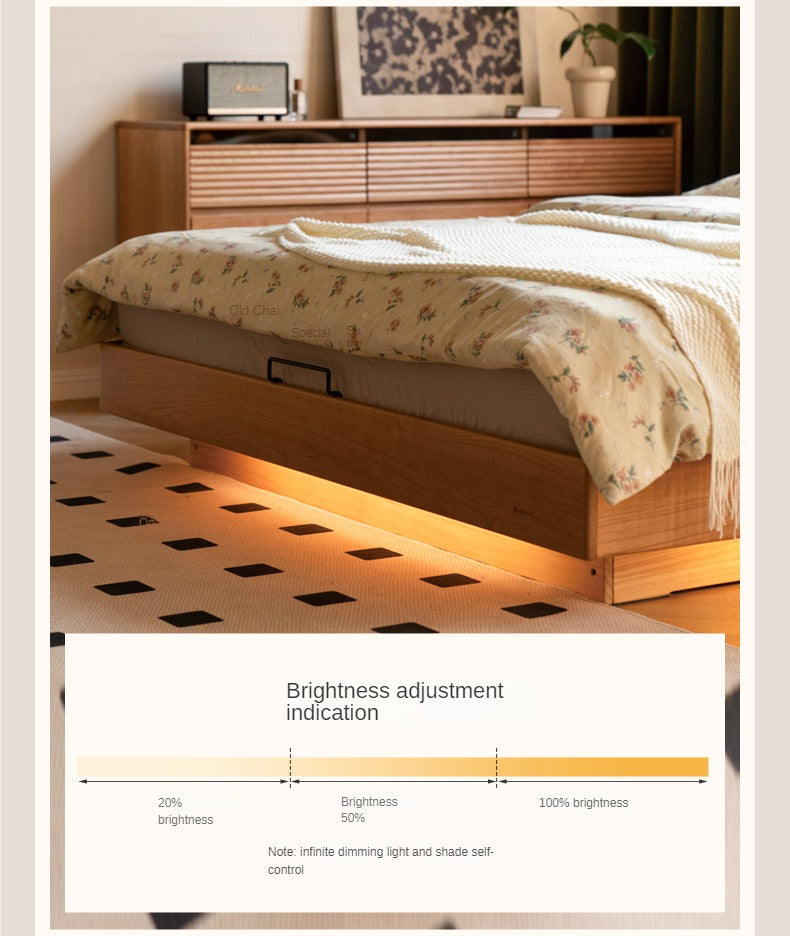 Cherry Solid Wood Box Bed Top Genuine Leather, Corduroy Suspended Bed