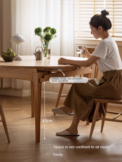 Solid Rubberwood, Oak Solid Wood Folding Round Retractable Dining Table