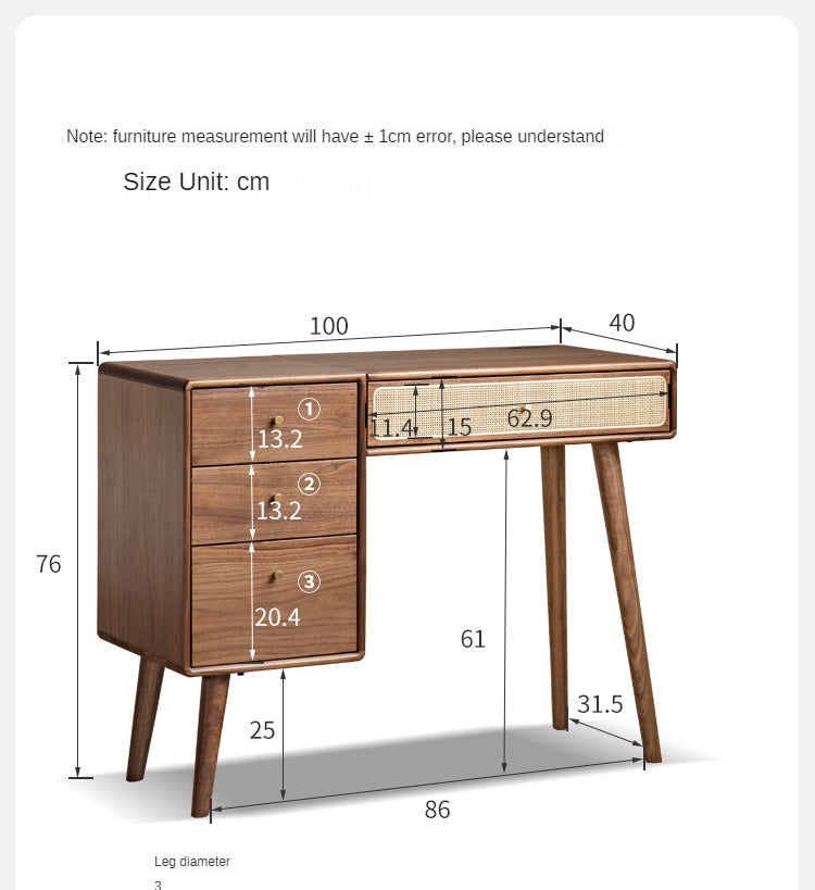 Black Walnut Solid Wood Rattan Dressing Table.