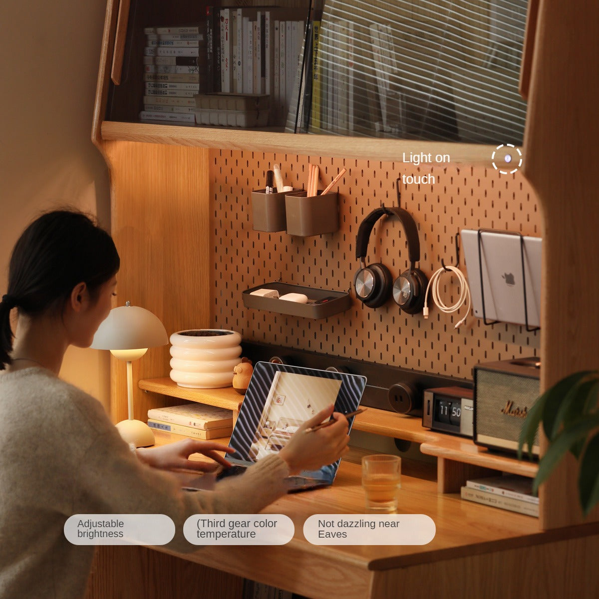 Oak, Cherry Solid Wood Desk Bookshelf Integrated Warm Light