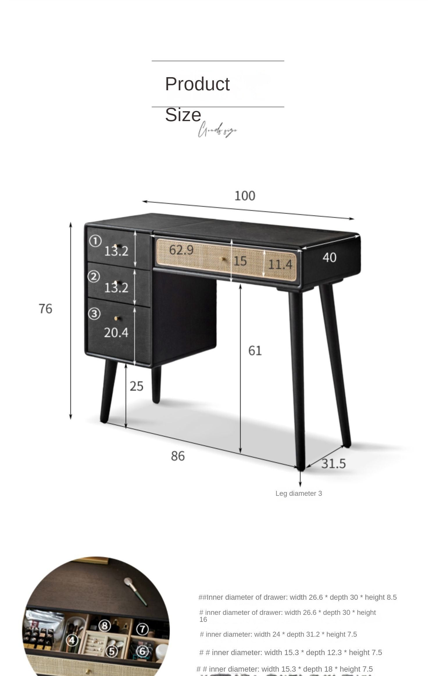 Oak Solid Wood Black Vintage Makeup Dressing Table.