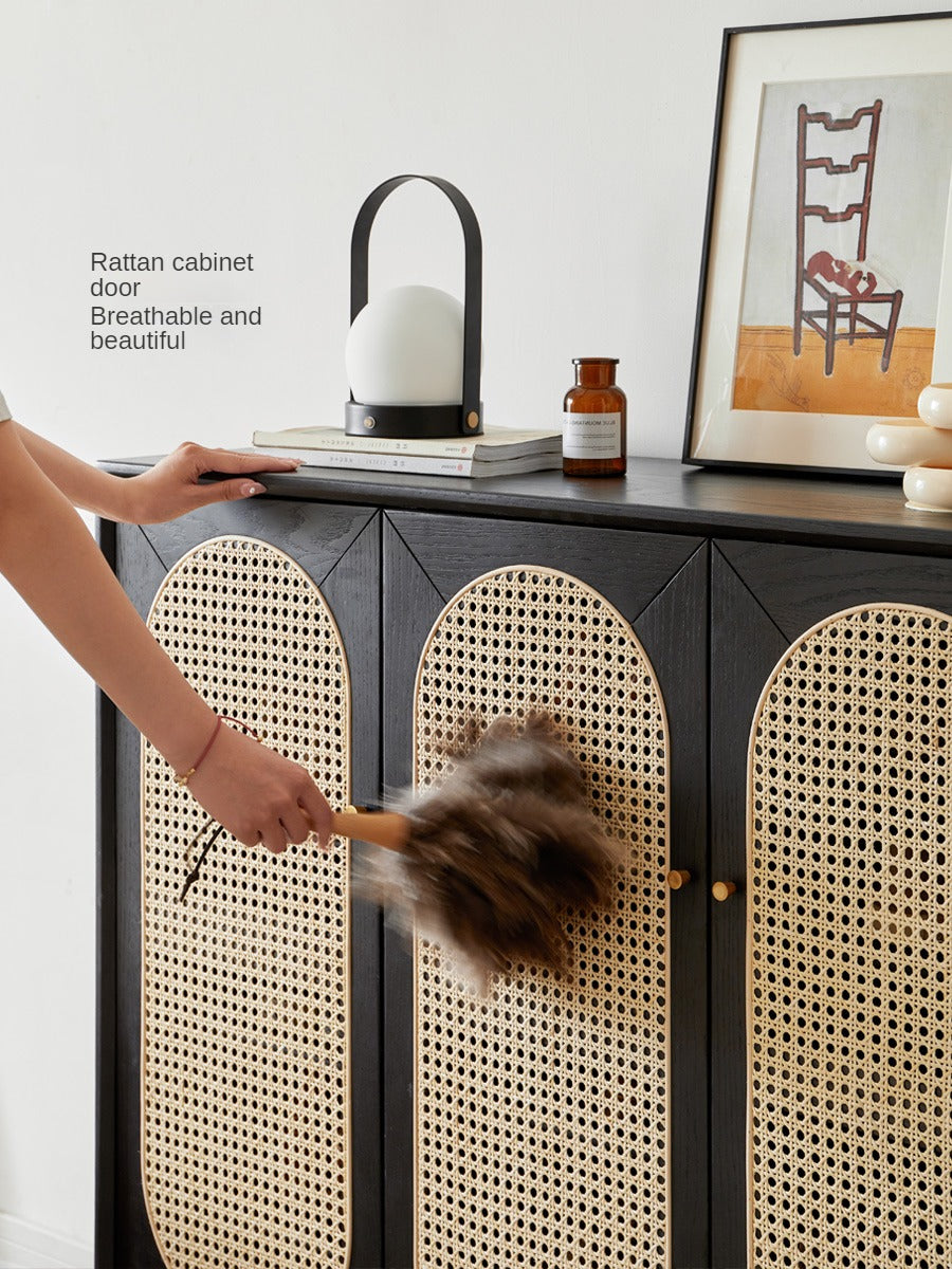 Oak Solid Wood Black Rattan Shoe Cabinet