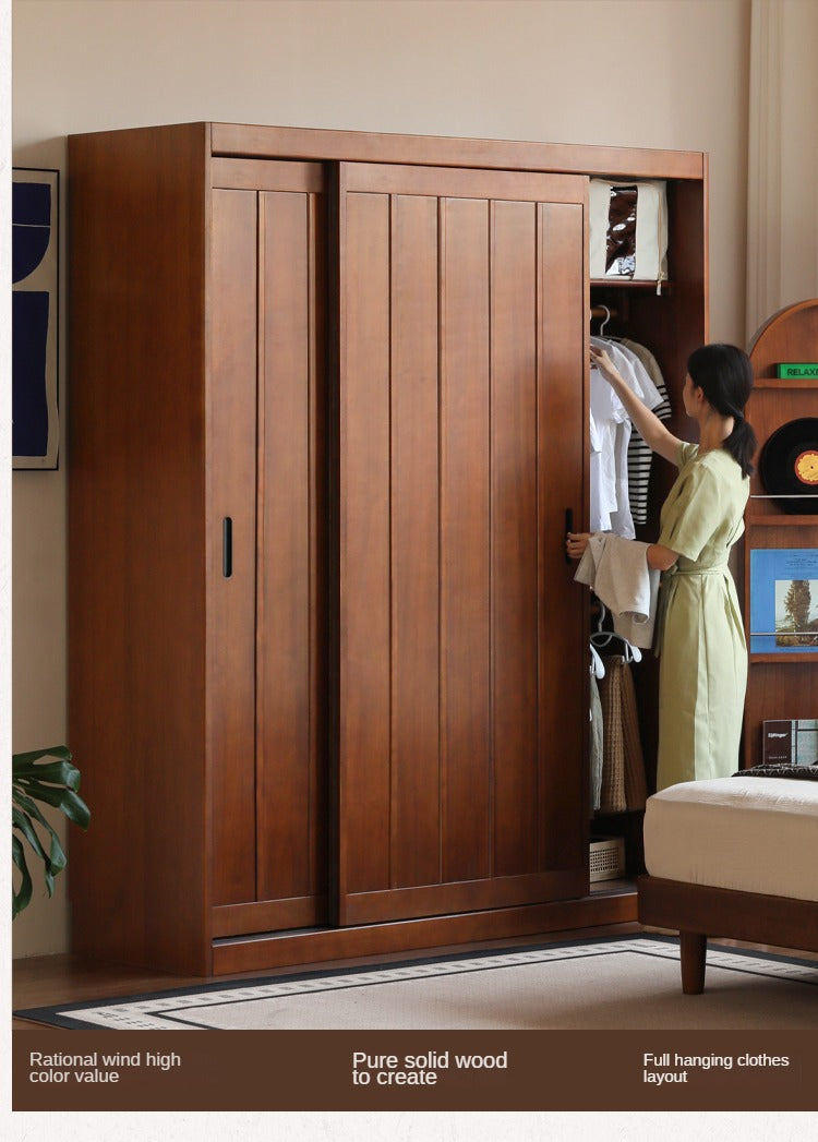 Poplar Solid Wood Wardrobe Retro Sliding Door Wardrobe.