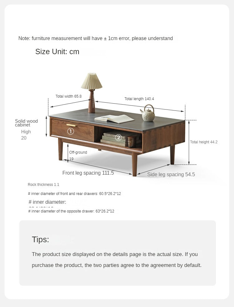 Black Walnut Solid Wood Storage Rock Plate Coffee Table