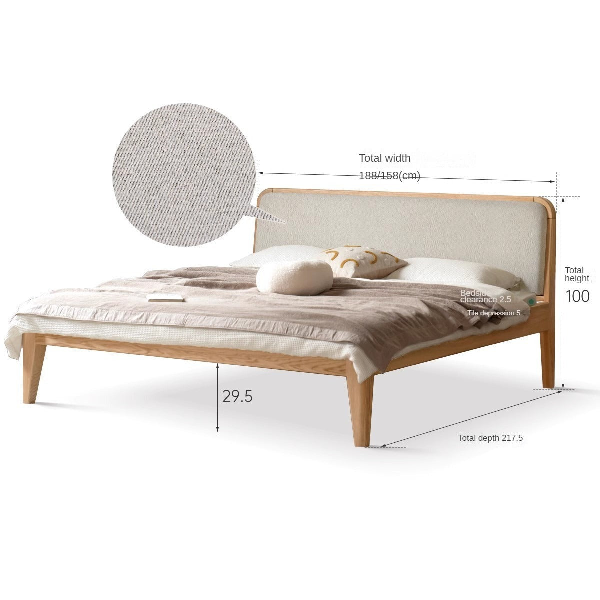 Oak Solid Wood Bed Modern Genuine Leather,Technology Cloth, Fabric