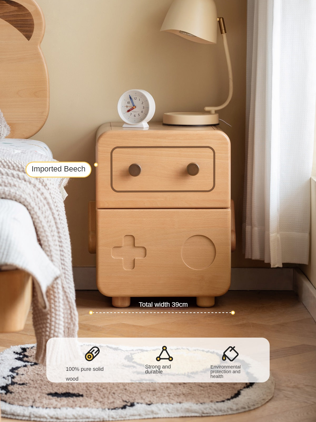 Oak Solid Wood Children's Cartoon Robot Nightstand