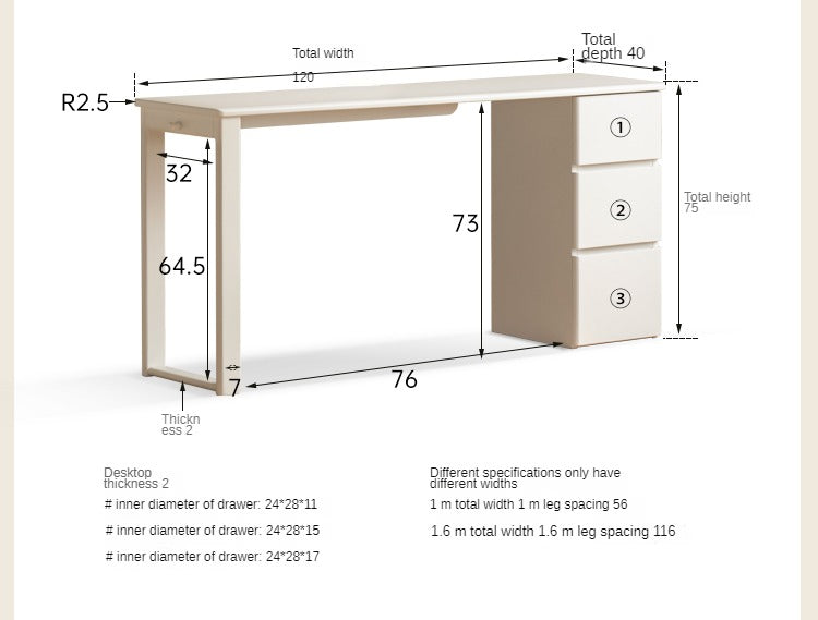 Rubber Wood, Poplar Solid Wood Cream Style Single-Leg Desk