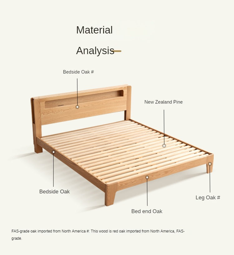 Oak, Beech Solid Wood With Light And Bookshelf Bed