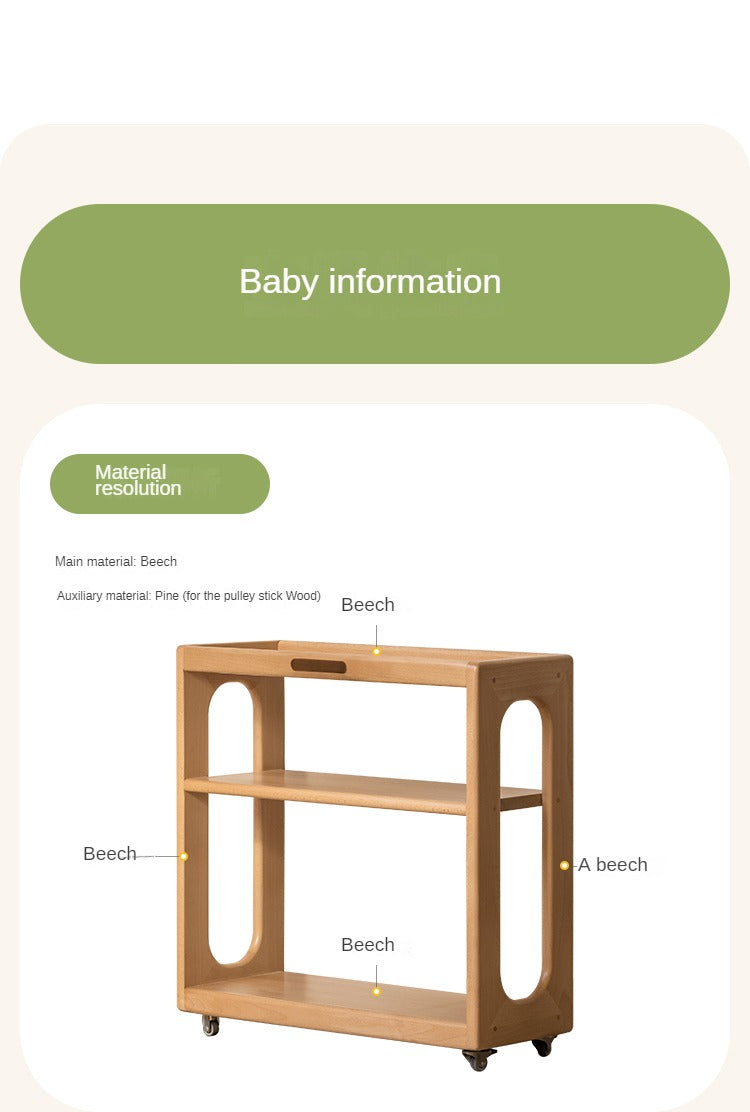 Beech Solid Wood Children's Under-Table Bookshelf with Wheels