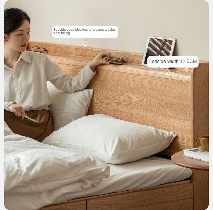Oak Solid Wood Drawer Storage Bed with Sockets Box Bed