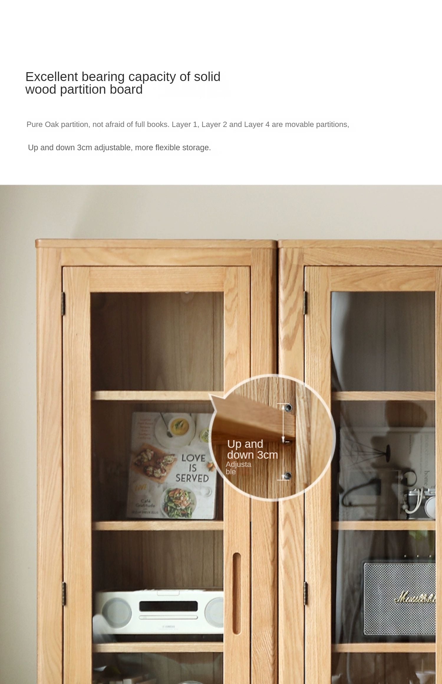 Oak, Solid Rubberwood Modern Bookcase with Glass Door Display Cabinet