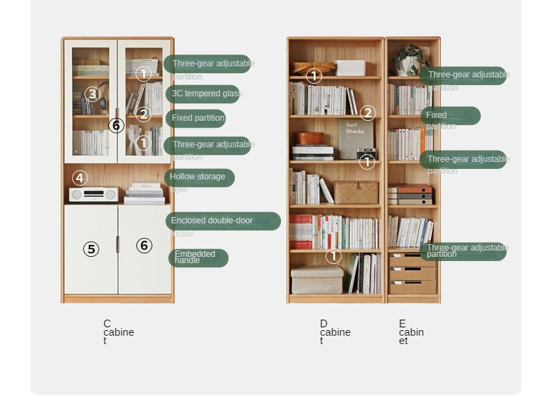 European Beech, Oak Solid Wood Floor-Standing Bookshelf with Glass Door Display