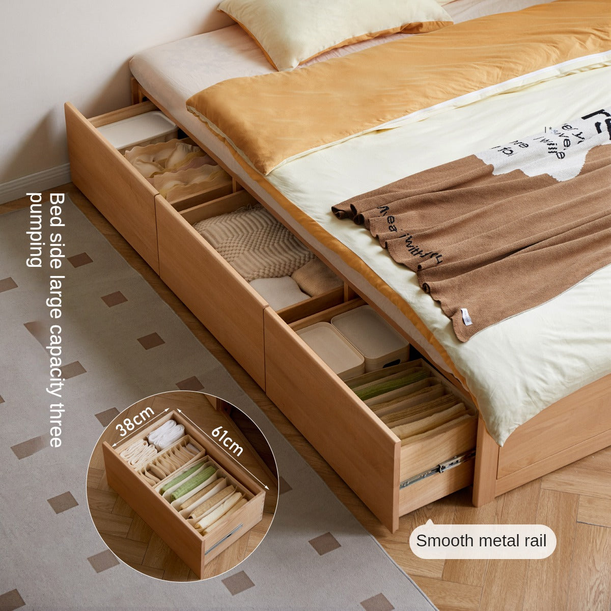 European Beech solid wood platform bed, headboard-free bed with drawer box bed.