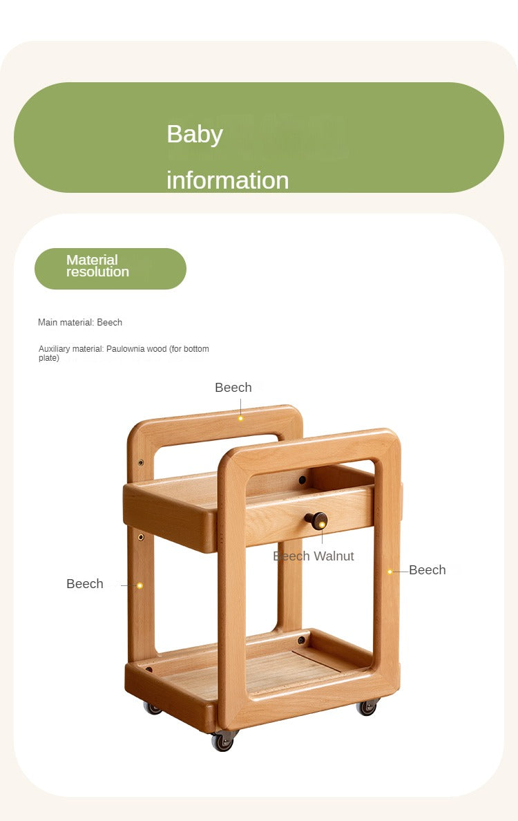 Beech, Rubber Solid Wood Children's Under-the-Table Mobile Modern Storage Rack