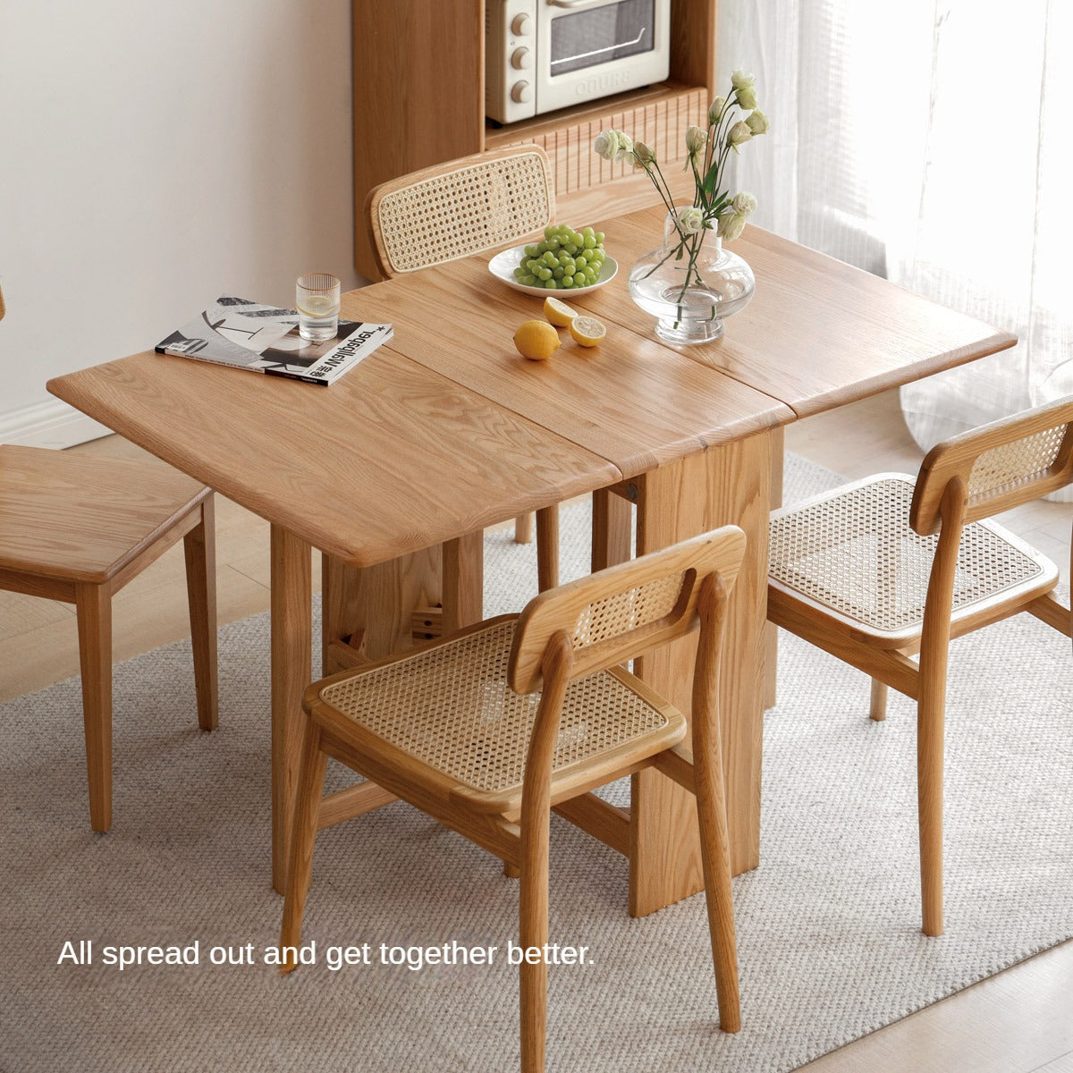 Oak Solid Wood Folding Table, Retractable Dining Table