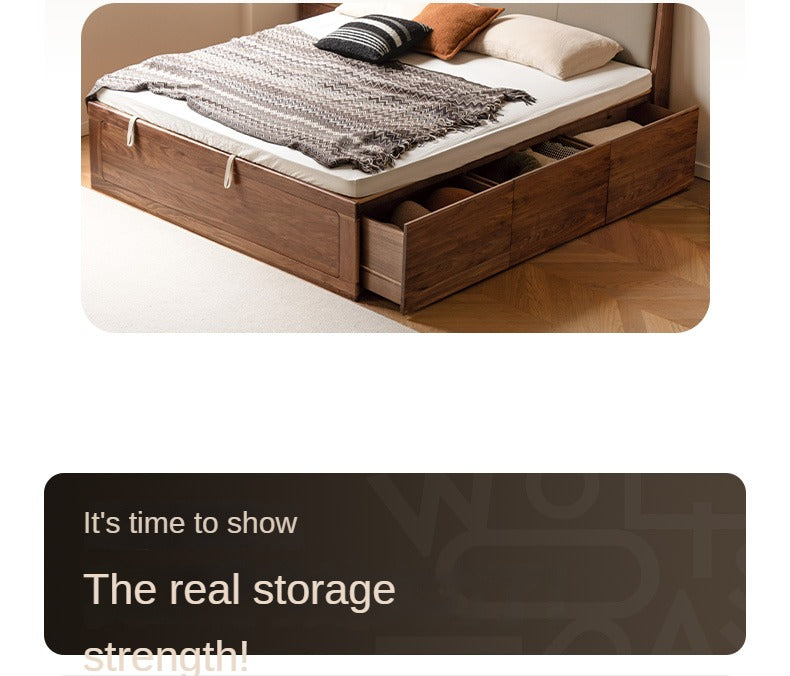 Black Walnut Solid Wood leather soft Drawer Box Bed Nordic