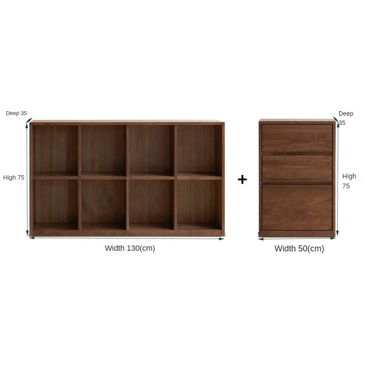 Black Walnut, Rubberwood Solid Wood Low Bookshelf Combination Floor-Standing Cabinet