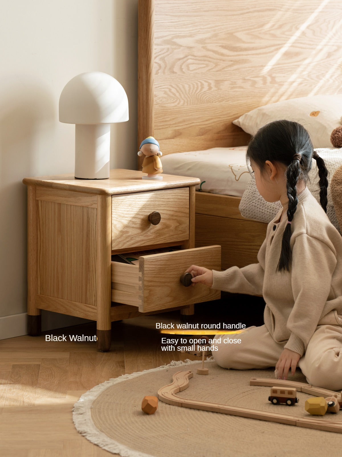 Oak, Beech Solid Wood Two-Drawer Nightstand