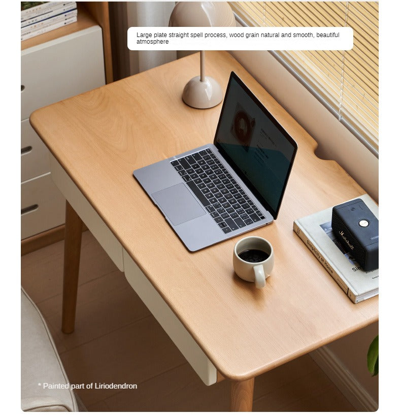 Beech Solid Wood Office Desk with 2 Drawers