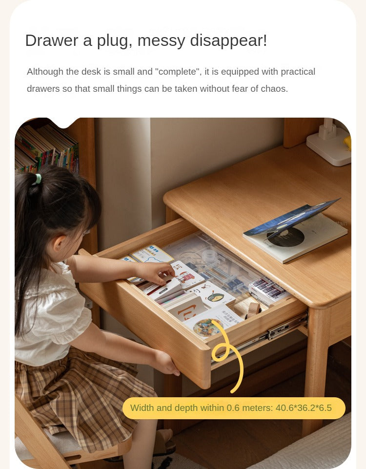 Beech, Rubber Solid Wood Children's Desk Bookshelf Integrated