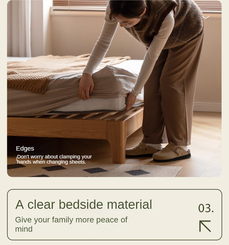 Cherry Solid Wood Bed — Modern Minimalist Upholstered Design