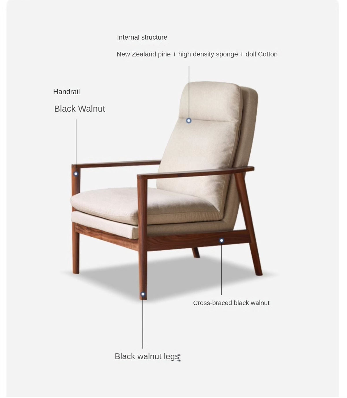 Black Walnut Solid Wood Genuine leather, fabric Mid-Century Modern Accent Chair