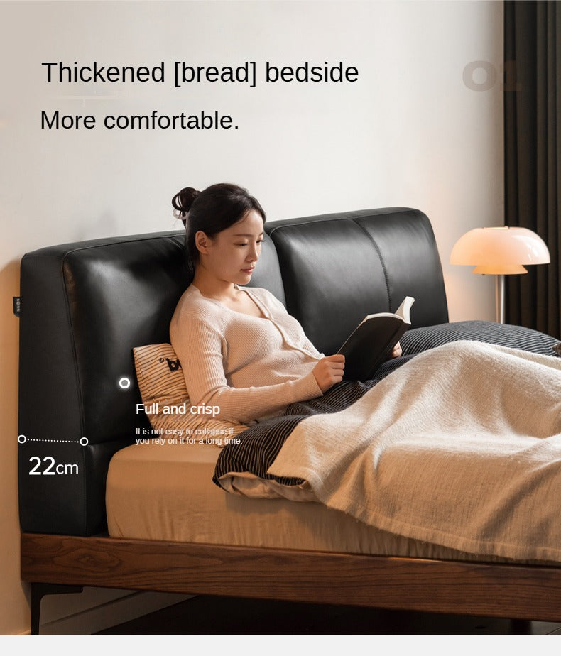 Oak,Black Walnut Solid Wood Soft Genuine Leather Bed Light Luxury