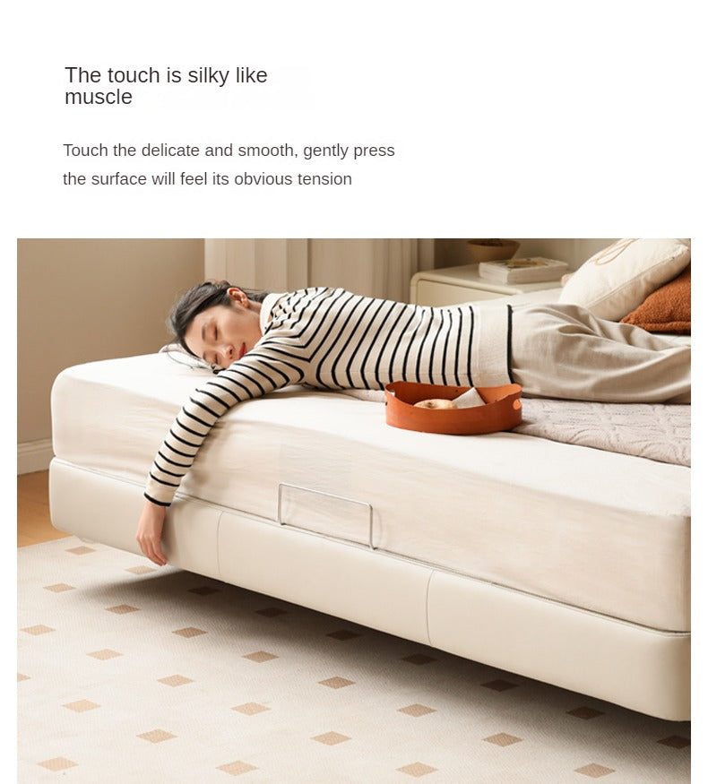 Leather platform bed, headboard-free floating bed cream style
