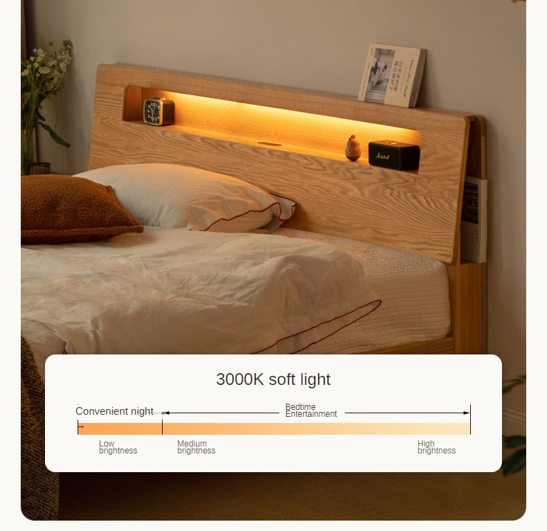 Oak, Beech Solid Wood With Light And Bookshelf Bed