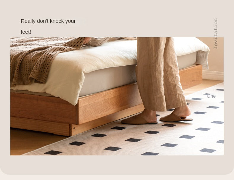 Cherry Solid Wood Box Bed Top Genuine Leather, Corduroy Suspended Bed