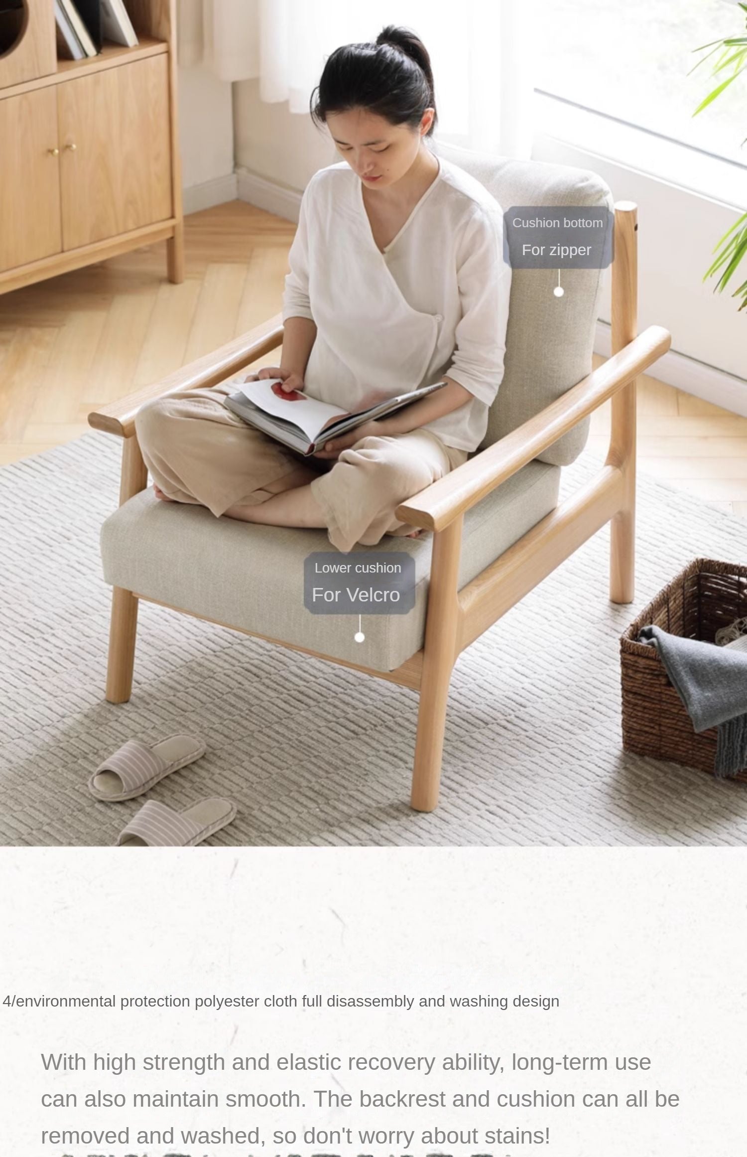 Ash Solid Wood Fabric Leisure Sofa Chair.