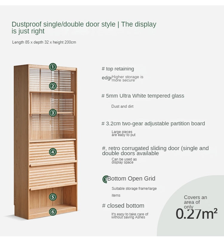 Oak, Beech Solid Wood Bookcase With Glass Door Floor-Standing Bookshelf Multi-Layer Storage Rack Free Combination Display Cabinet