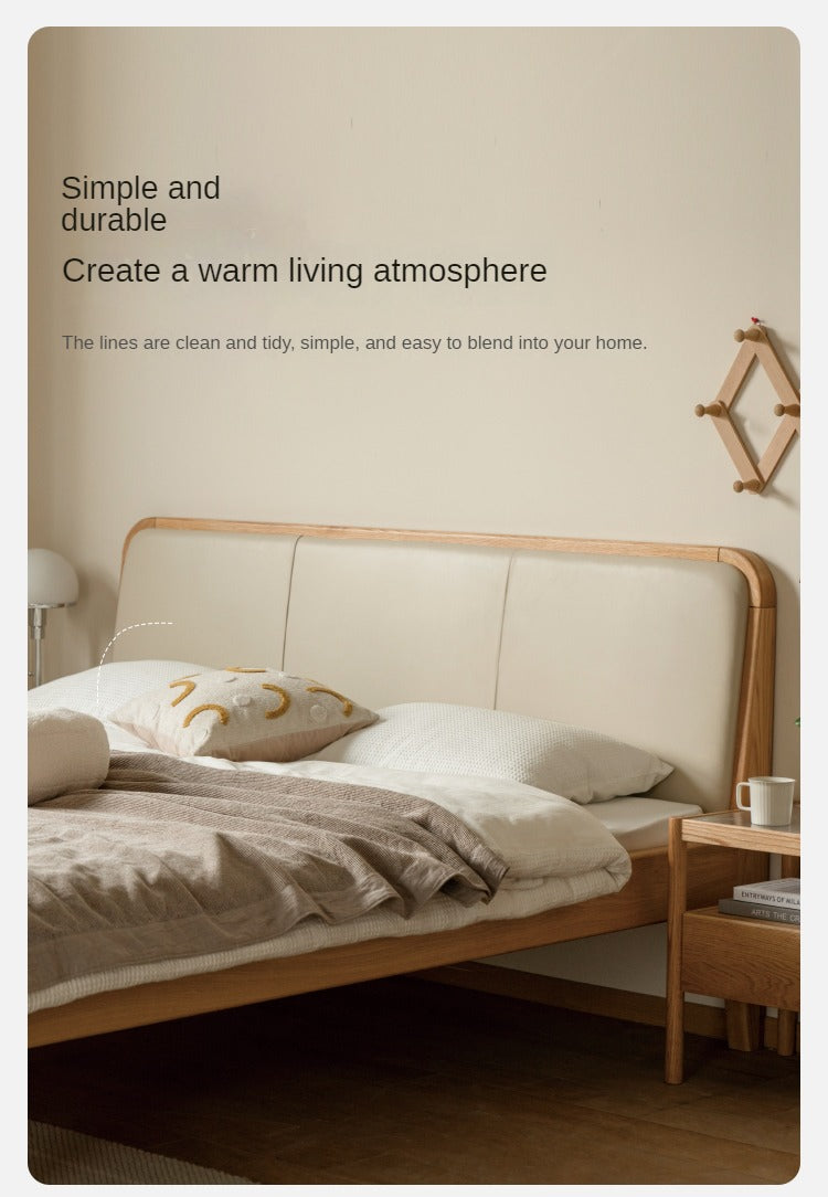 Oak Solid Wood Bed Modern Genuine Leather,Technology Cloth, Fabric