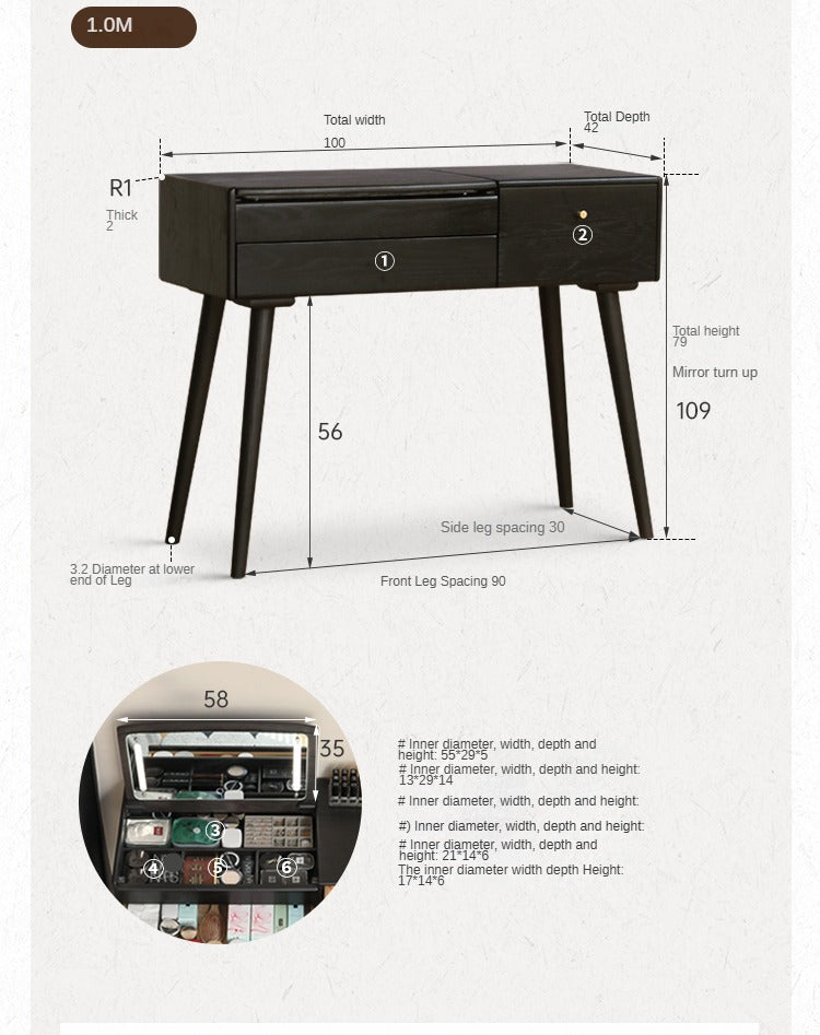 Oak Solid Wood Black Makeup Table Mirror LED Touch.