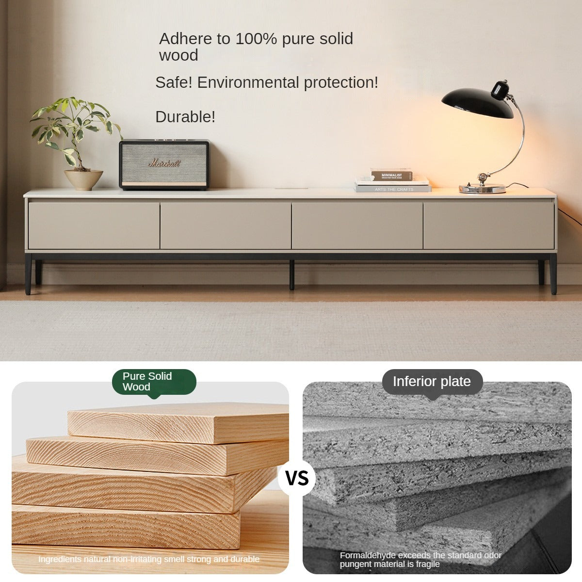 Poplar Solid Wood Rock Panel TV Cabinet Light Luxury-