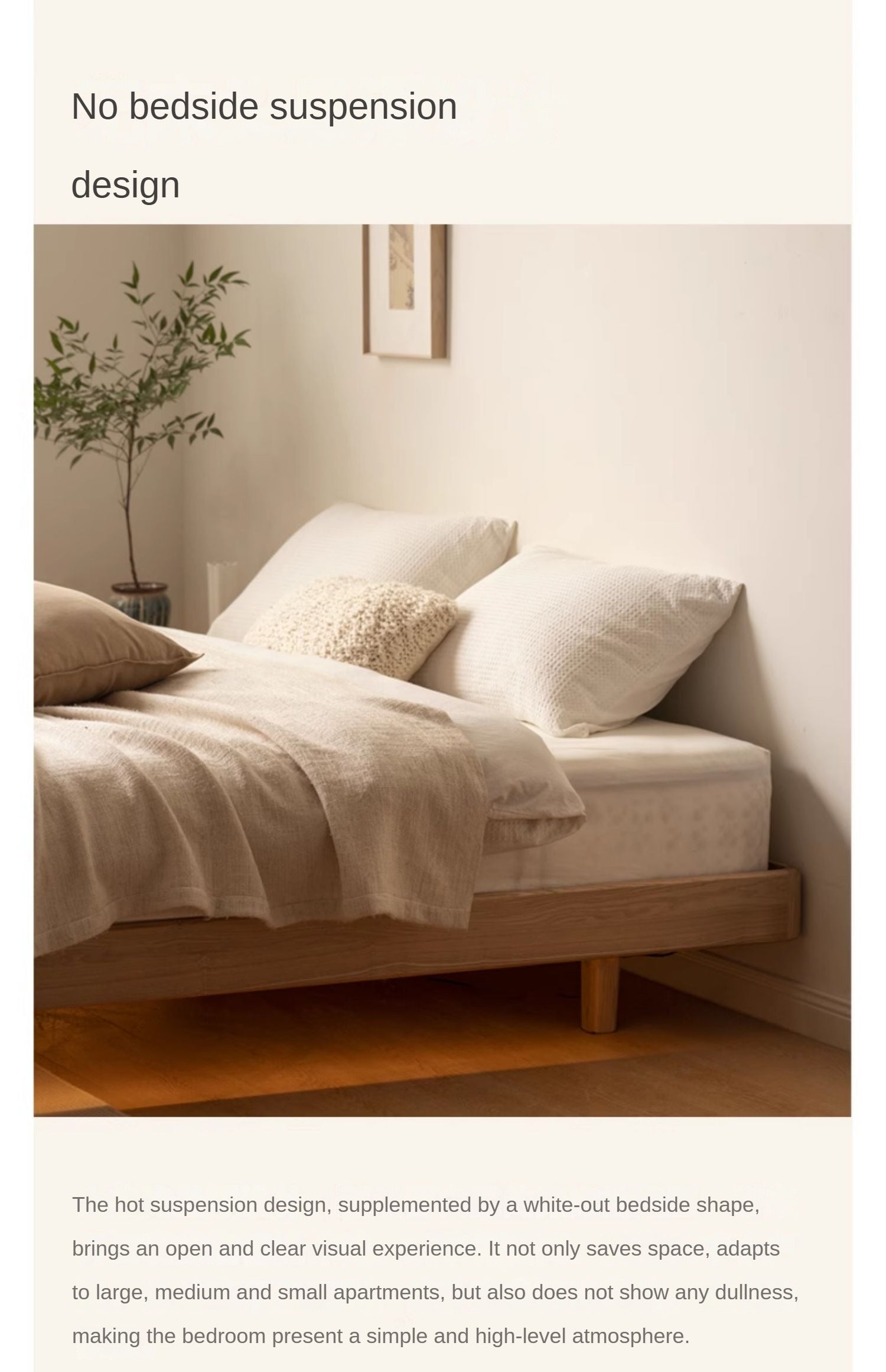 Ash Solid Wood Suspended Platform Bed, Headboard-Free Bed
