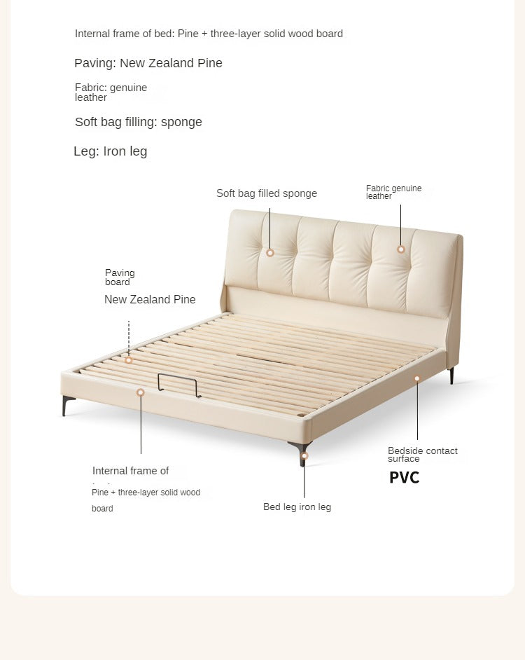 Genuine Leather, Ecological Cloud Leather Bed Cream Style Light Luxury