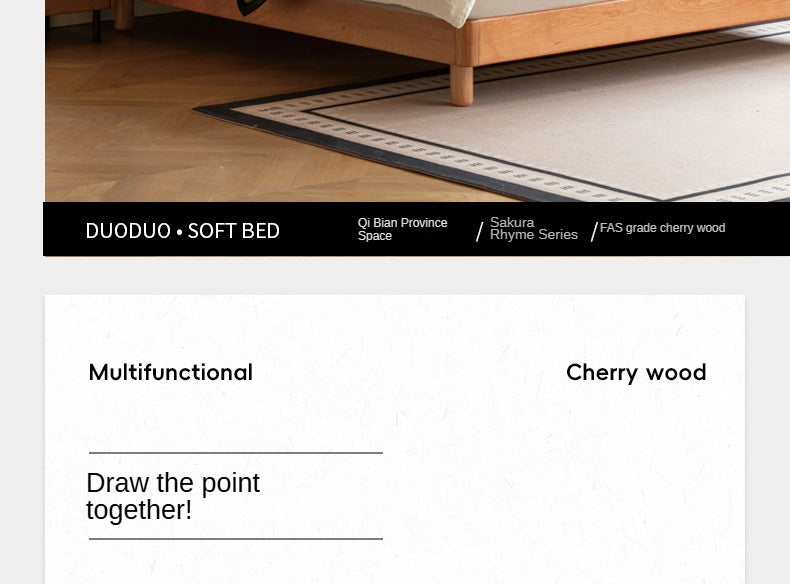 Cherry Solid Wood Bed with Retro Edge and Soft Headboard