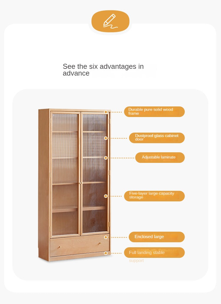 Beech European Solid Wood Bookshelf, Glass Door Storage Display Cabinet