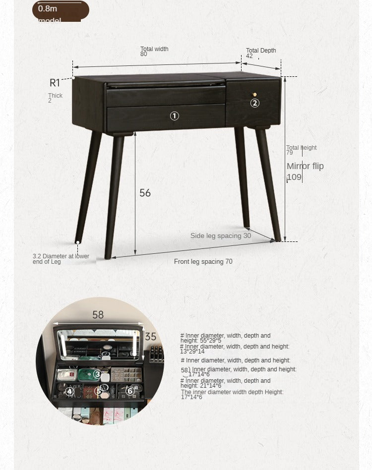 Oak Solid Wood Black Makeup Table Mirror LED Touch.